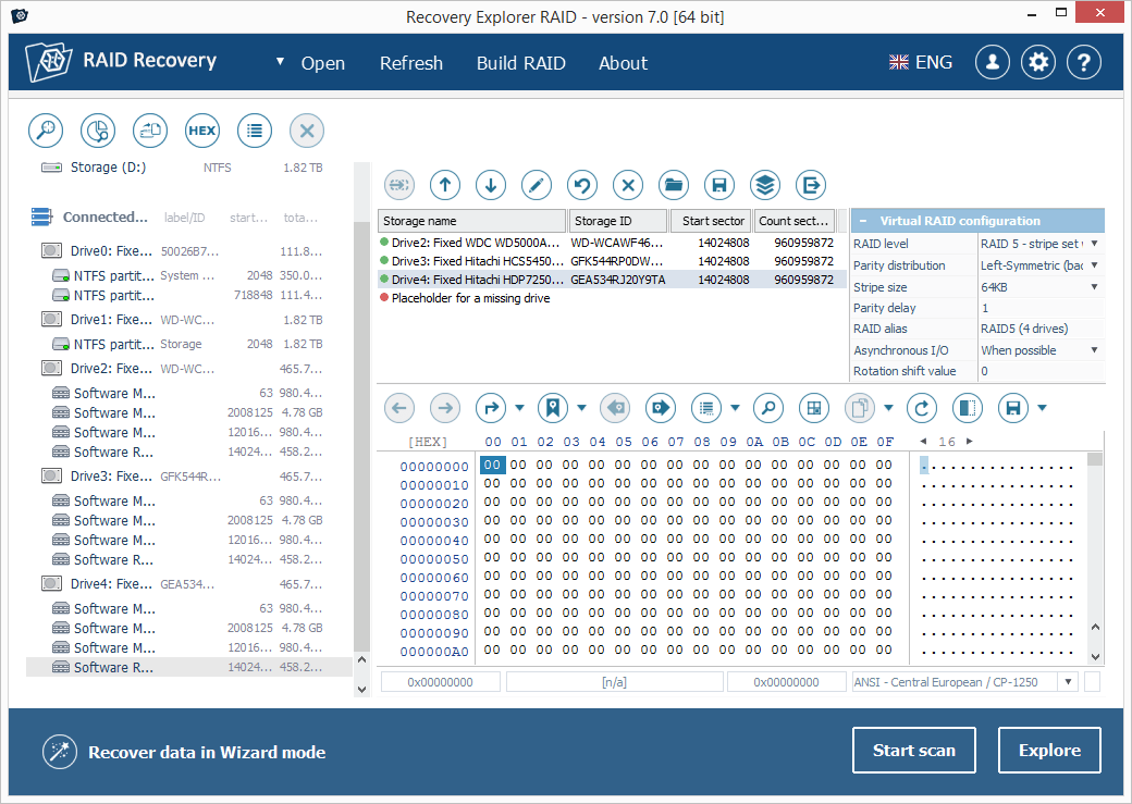 Recovery Explorer RAID Build RAID screen with a virtual RAID 5 configuration and hex view